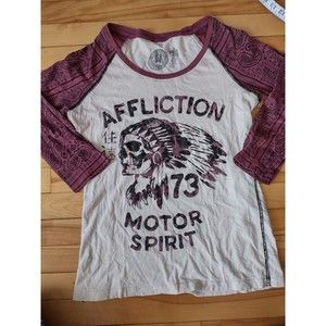 Affliction Women's Medium Henley Baseball White And Red Tshirt Motor Spirit